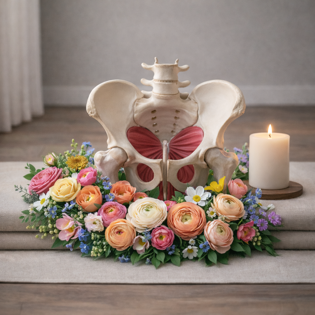 Pelvic bone model with flowers, candle, and wooden bowl on folded fabrics